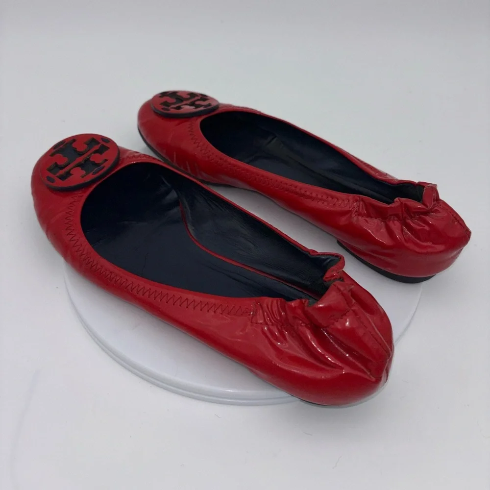 TORY BURCH Red Reva Ballet Flat Patent Leather Shoe Logo Slip On Office‎ Round 7